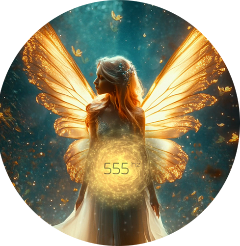 Glowing angelic figure with a vibrant orb at 555 Hz, symbolising transformation, trust in life’s flow, and positive change on the spiritual journey