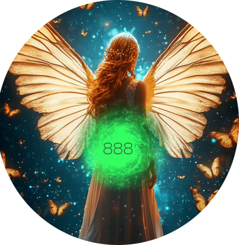 Radiant angelic figure with a powerful orb at 888 Hz, symbolising manifestation, abundance, and connection with the infinite flow of universal energy
