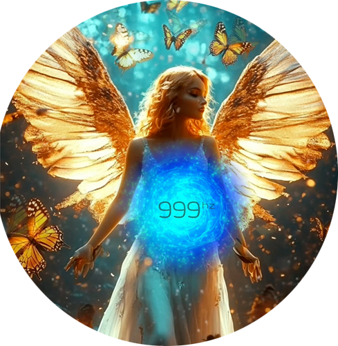 Golden angelic figure with an electric blue transcendent orb at 999 Hz, symbolising completion, closure, and embracing new beginnings with clarity and grace