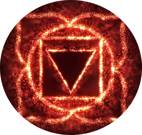 Fiery red sphere with a grounding chakra symbol, symbolising stability, security, and relief from fear and anxiety at 194.18 Hz
