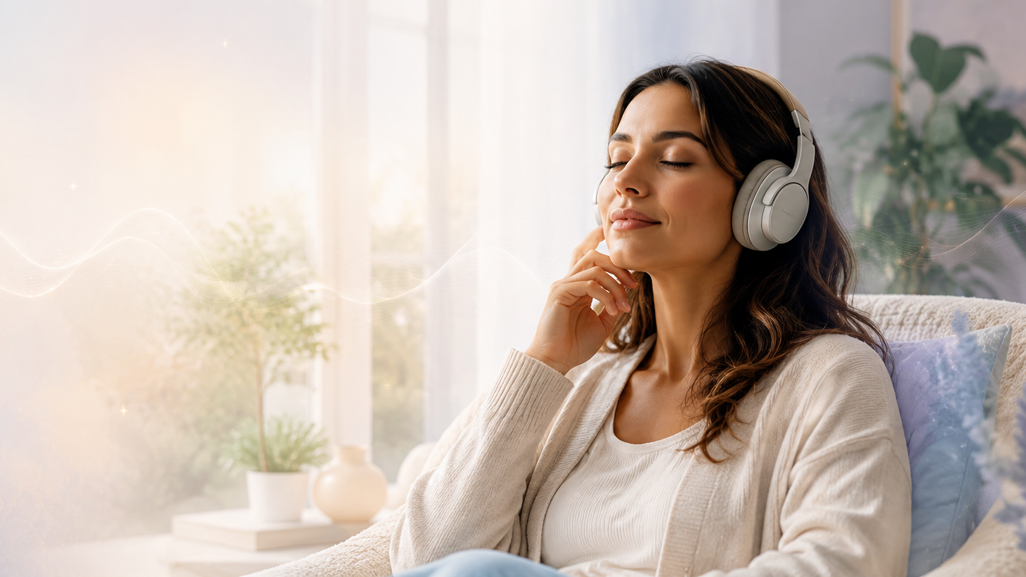 Woman listening to binaural beats with headphones in a calm wellness setting for stress and anxiety relief.