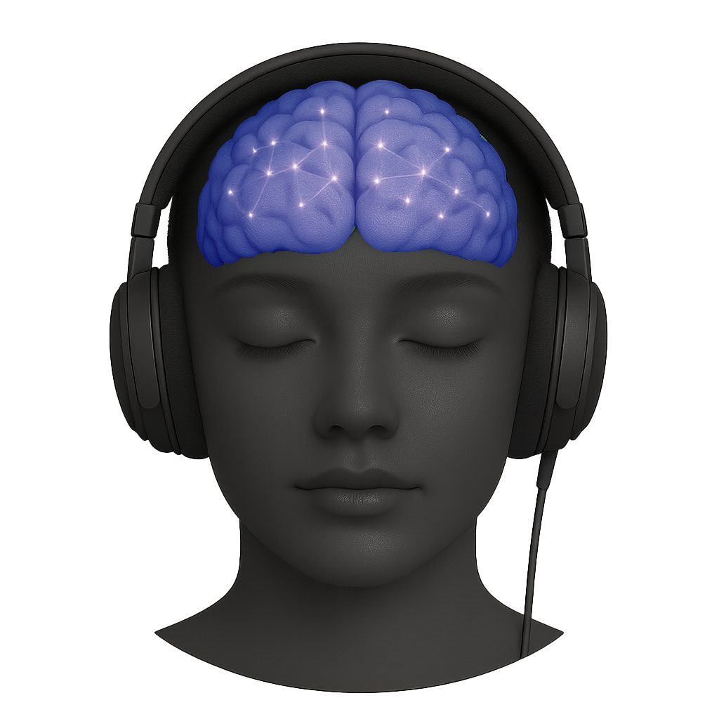 Calm, meditative figure wearing headphones, with a softly illuminated brain emitting gentle, interconnected neural waves, symbolising the ultra-slow 0.4 Hz Epsilon Frequency associated with deep spiritual trance, cellular repair, and profound inner stillness