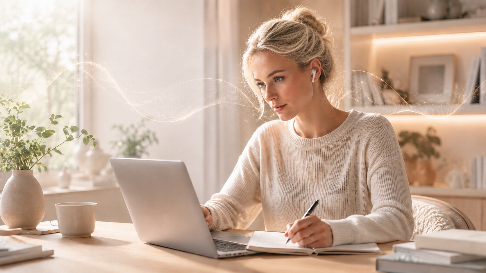 Woman wearing AirPods studies at a laptop in a calm Scandinavian styled home office with soft light and subtle soundwave effects.