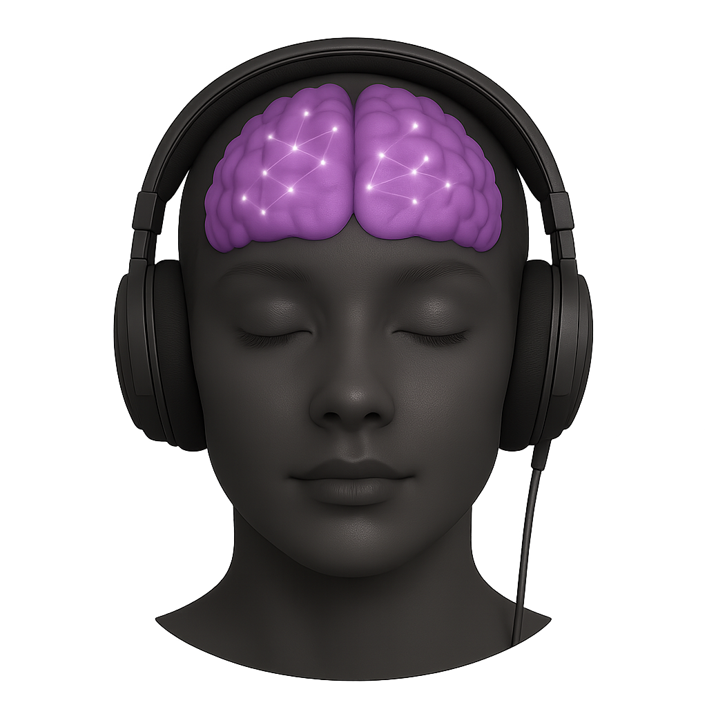Calm, meditative figure wearing headphones, with a softly illuminated brain emitting vibrant, purple neural waves, symbolising the active, alert state of Beta Frequencies associated with focused attention, analytical thinking, and mental clarity