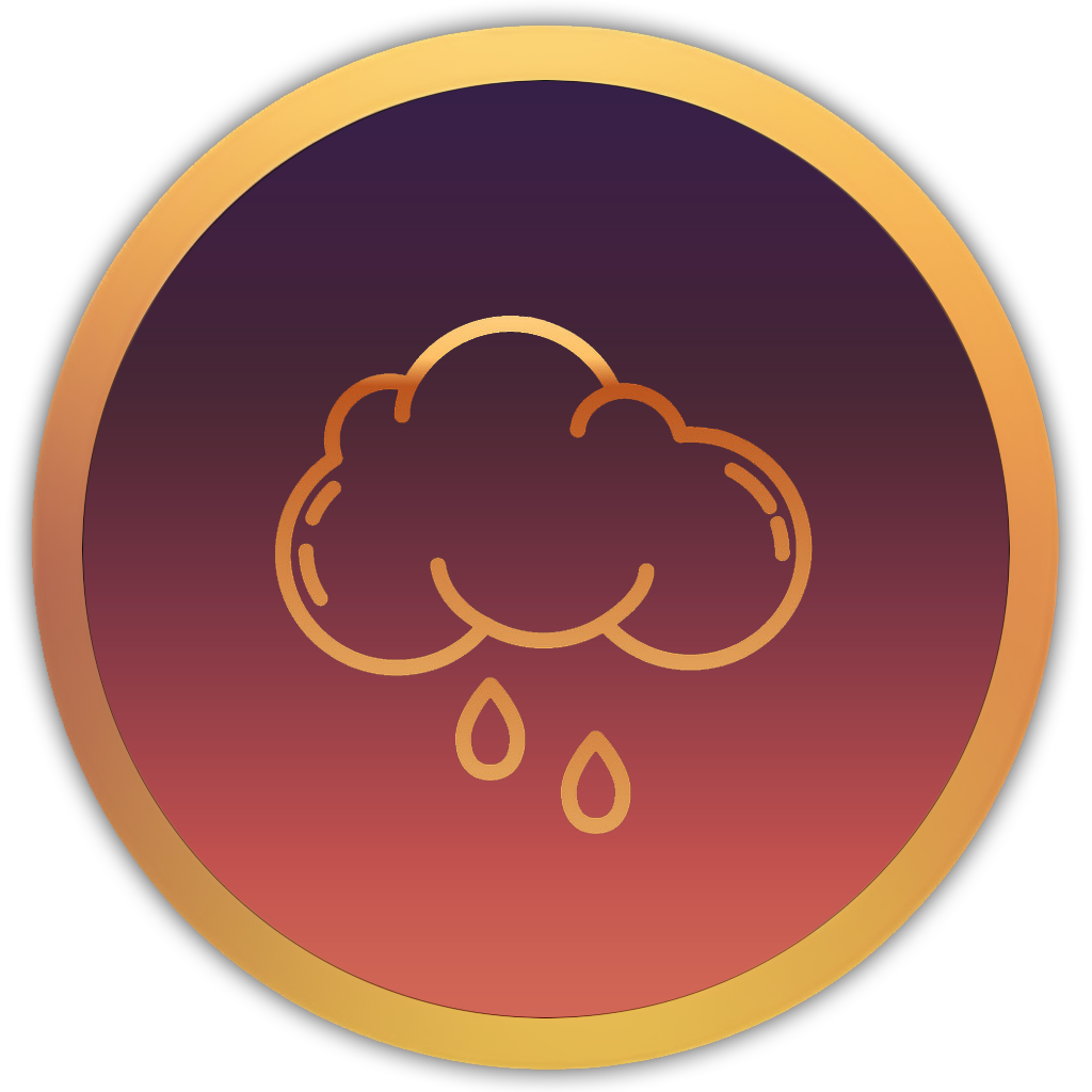 Icon of a raincloud with two droplets, symbolising soft, soothing rainfall