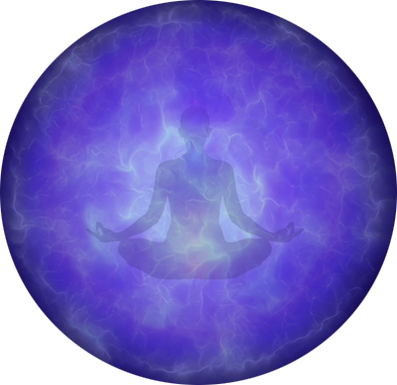 Violet sphere with a tranquil figure in meditative posture, symbolising physical healing, pain relief, and calming relaxation for the body and mind