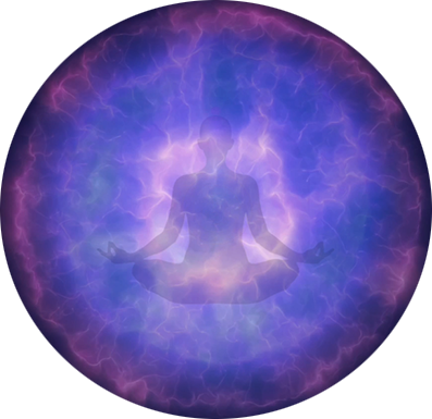 Soft indigo sphere with a meditative figure enveloped in calming clouds, symbolising cellular restoration, physical well-being, and emotional grounding