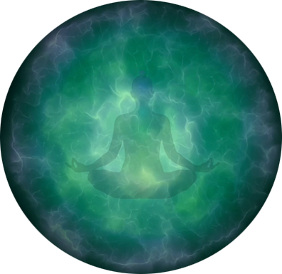 Gentle green sphere with a figure in a meditative state, symbolising the release of fear and guilt, emotional empowerment, and positive motivation