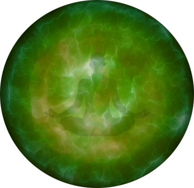 Deep green sphere with a meditative figure surrounded by flowing energy, symbolising clearing negative energy, embracing change, and emotional healing