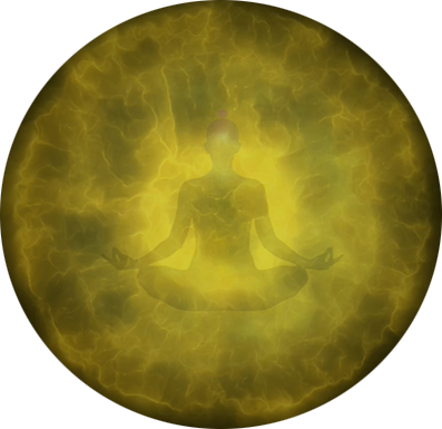 Radiant gold sphere with a serene figure, symbolising love, transformation, emotional healing, and positive intention