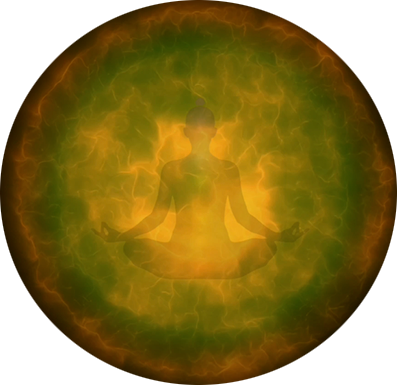 Warm orange sphere with a figure in a peaceful posture, symbolising harmonious relationships, emotional balance, and inner calm within the heart and mind