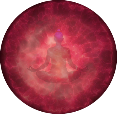 Deep red-pink sphere with a meditative figure enveloped in warm, flowing energy, symbolising clearing negativity, self-awareness, and emotional renewal