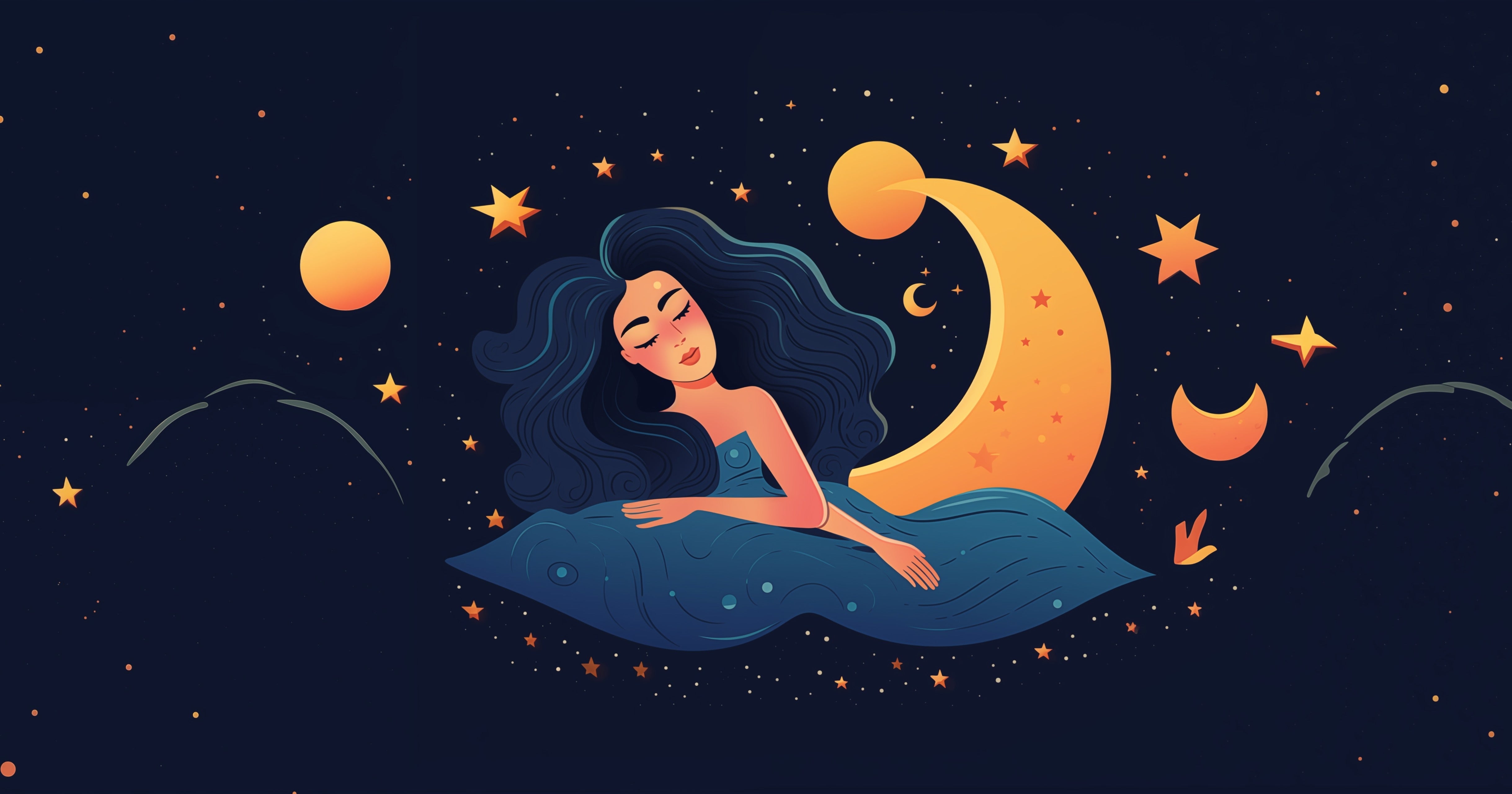  illustration of a peaceful woman drifting into deep recuperative sleep on a floating pillow beneath a moonlit sky, surrounded by stars, crescent moons and gentle cosmic light. 