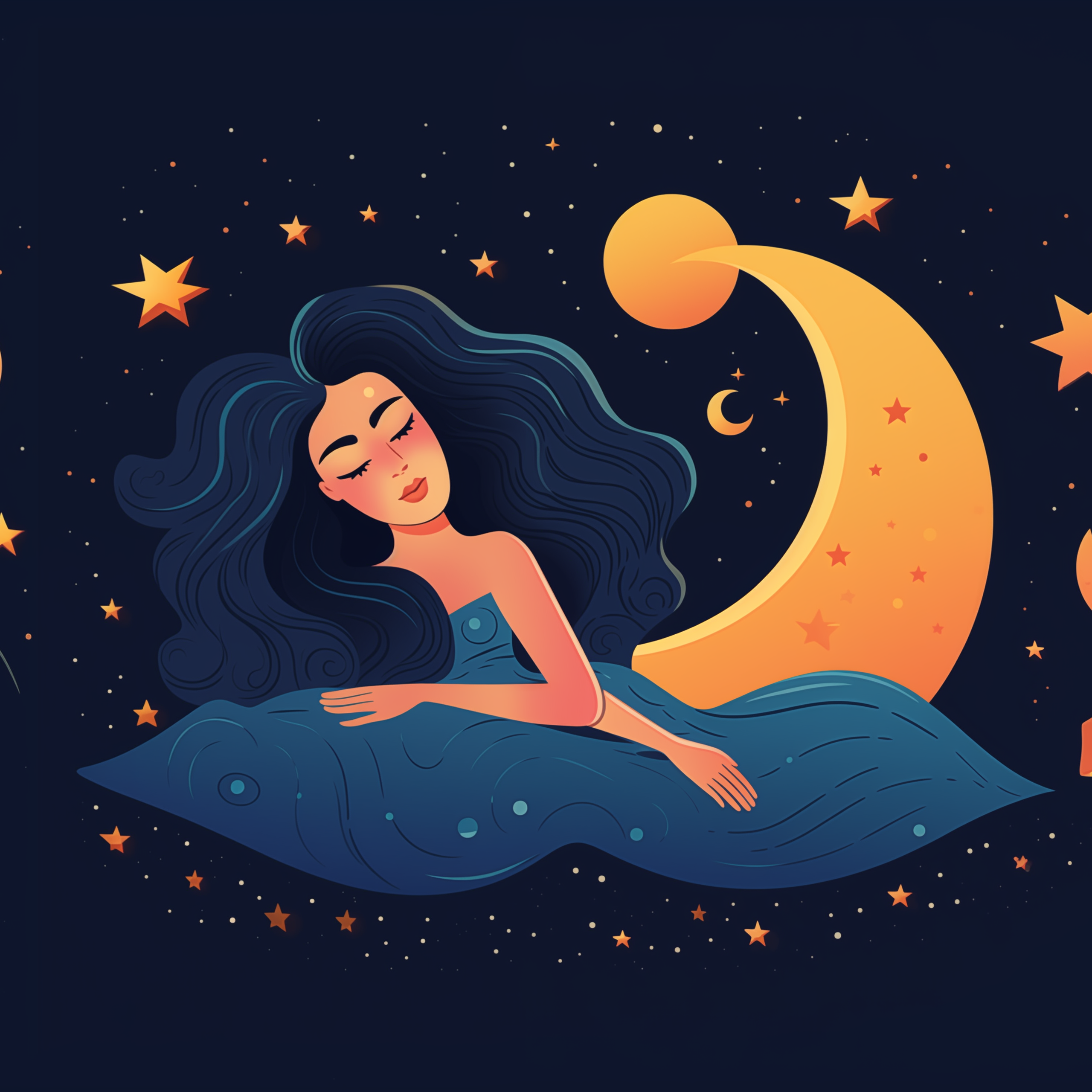  illustration of a peaceful woman drifting into deep recuperative sleep on a floating pillow beneath a moonlit sky, surrounded by stars, crescent moons and gentle cosmic light. 