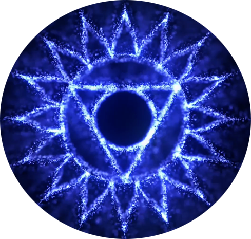 Vivid blue sphere with a communication chakra symbol, symbolising self-expression, clarity in speech, and truth at 141.27 Hz