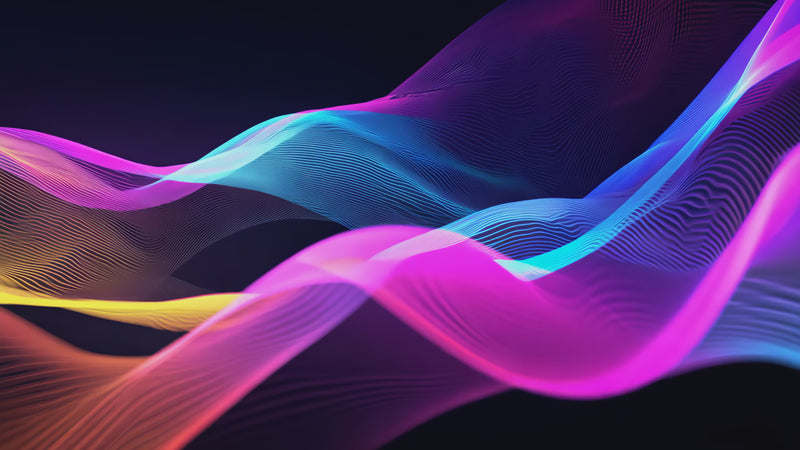 Flowing waves of vibrant colours - pink, blue, and yellow ripple gracefully across a dark background, creating a serene, hypnotic visual representation of sound frequencies in motion