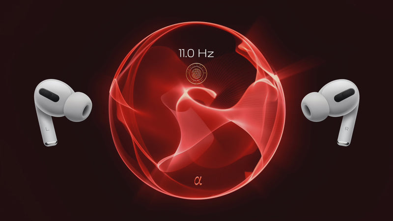 11.0 Hz Alpha Frequency soundscape visualised as a warm, flowing red waveform, accompanied by wireless earbuds. Represents calm focus, meditative awareness, and a balanced state of relaxed alertness, inviting the listener to settle into present moment clarity