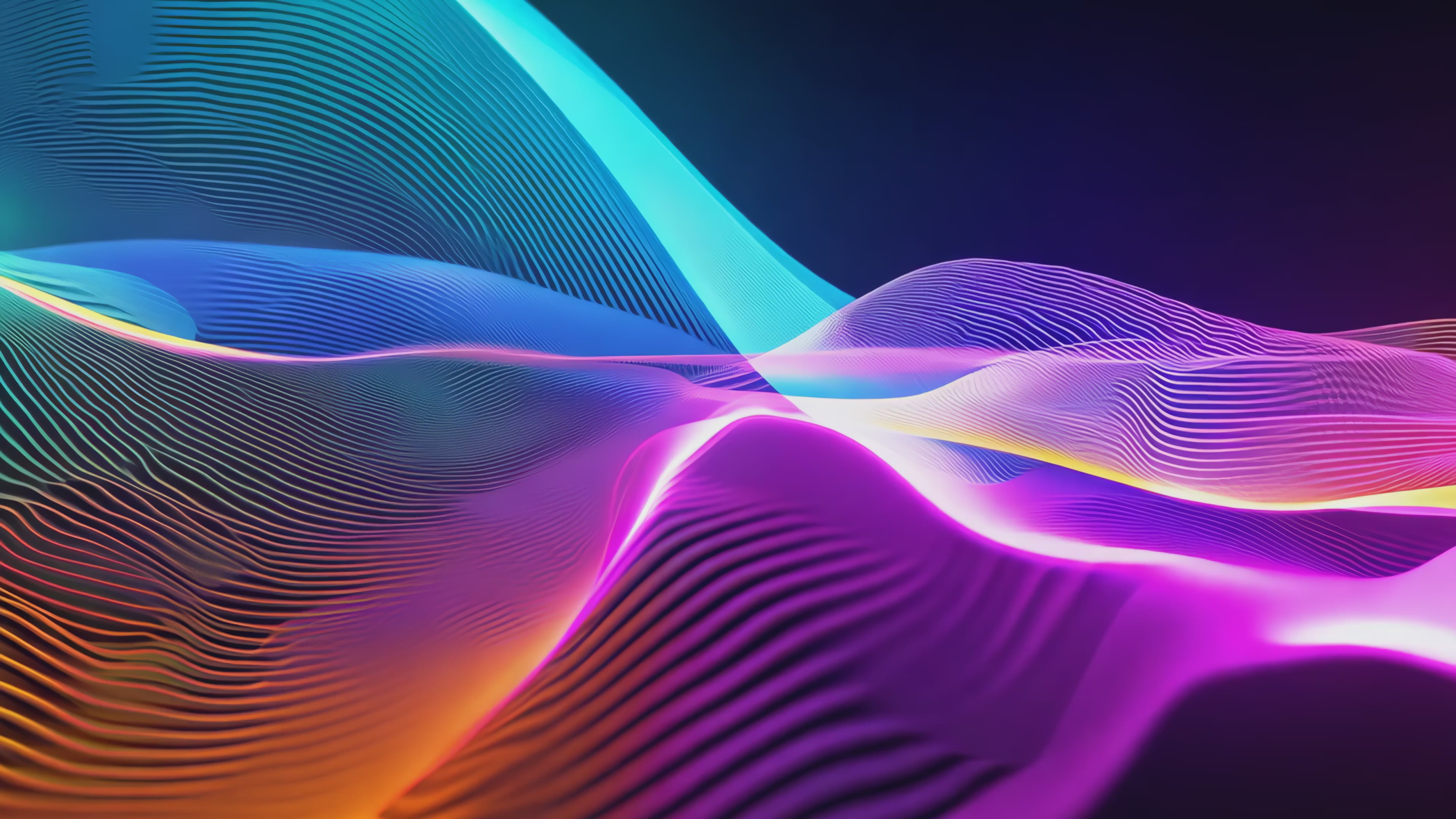 Load video: Colourful waves of flowing lines in blue, pink, and gold cascade across a dark backdrop, creating a mesmerising visual of fluid motion and serene energy