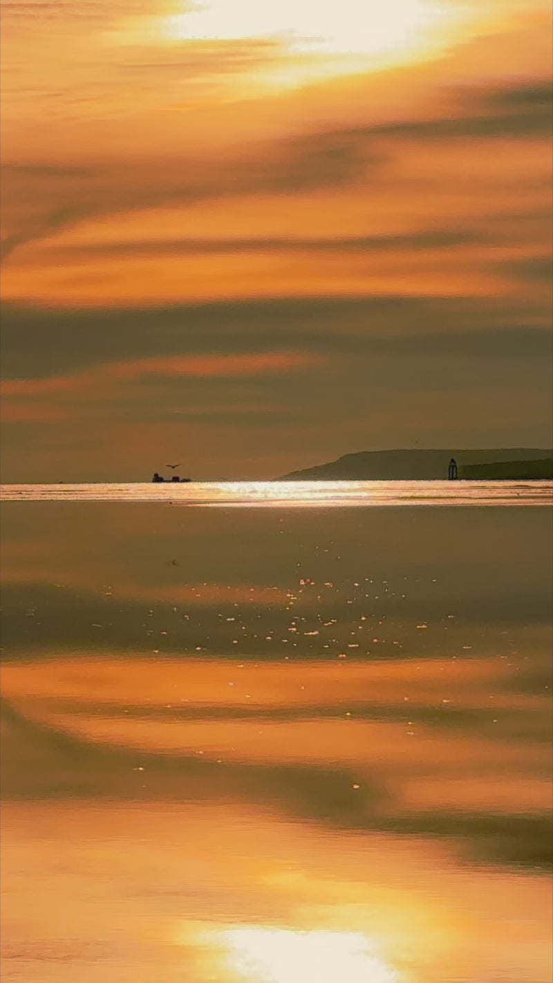 A video of Golden light shimmerig across a still ocean at sunset, with distant birds in flight and a soft silhouette of land meeting the horizon in tranquil silence - just the sound of gentle waves on the shoreline