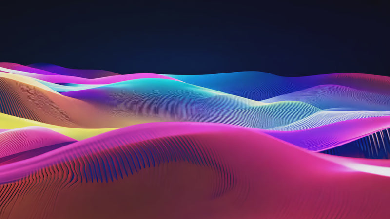 Soft, undulating waves in vivid shades of pink, blue, and gold ripple across a dark background, evoking the soothing flow of sound frequencies and the gentle rhythm of healing vibrations
