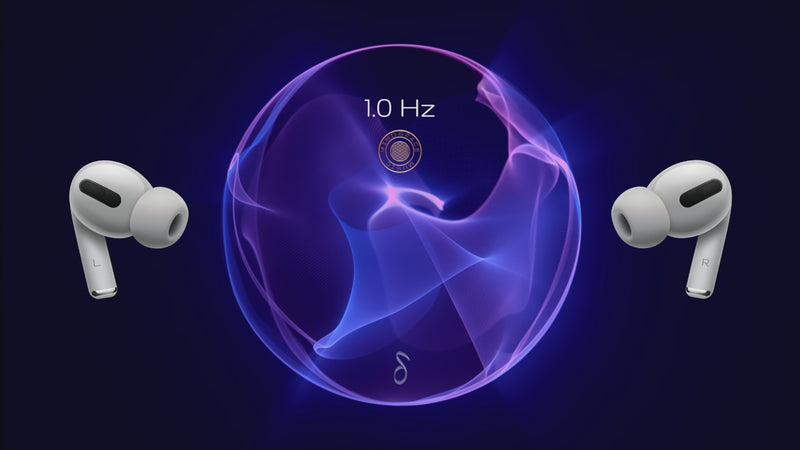1.0 Hz Delta Frequency soundscape visualised as a serene, purple-blue waveform, accompanied by wireless earbuds. Represents deep sleep, subconscious healing, and the gentle rhythm of restorative rest, inviting the listener to drift into profound relaxation