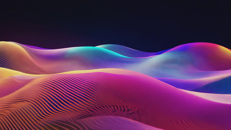 Vibrant, undulating waves of pink, purple, and turquoise rise and fall against a dark backdrop, resembling the serene flow of sound frequencies in a meditative state